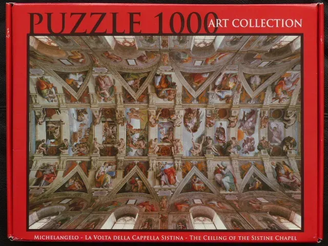 A reproduction of Michelangelo's Sistine Chapel ceiling fresco featuring various biblical scenes and figures.