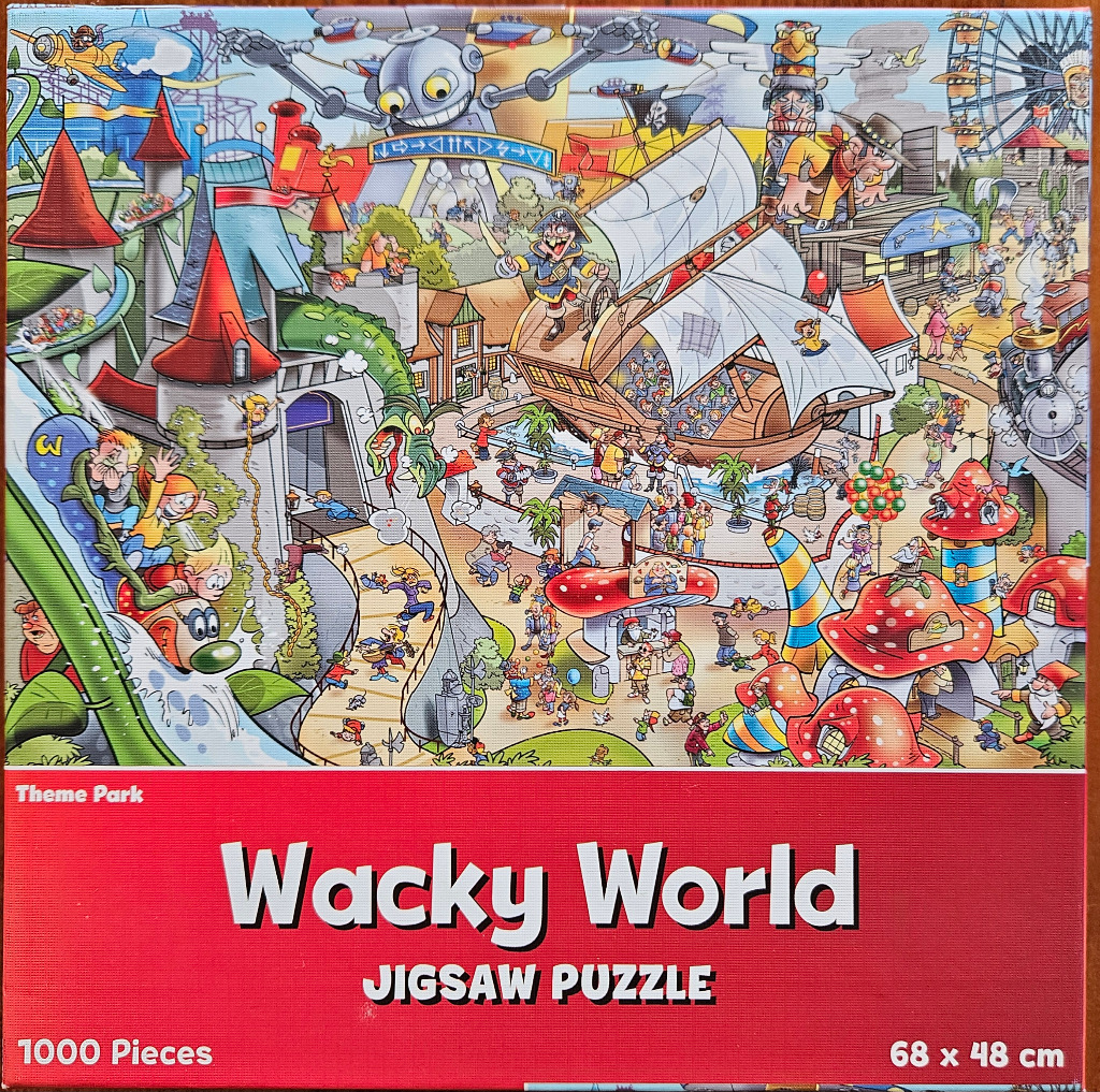 Cartoon illustration of a busy, surreal theme park filled with whimsical characters and attractions.