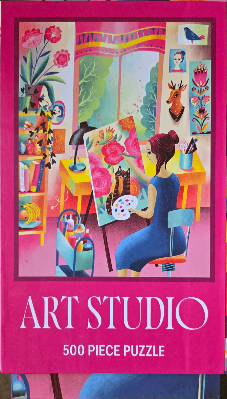 Illustration of an artist sitting at an easel painting a cat and flowers in a colorful studio.