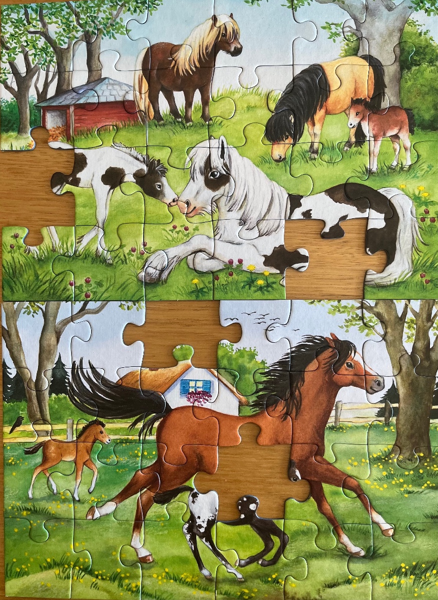 A whimsical illustration of various ponies and foals playing together in a grassy meadow near farm buildings.