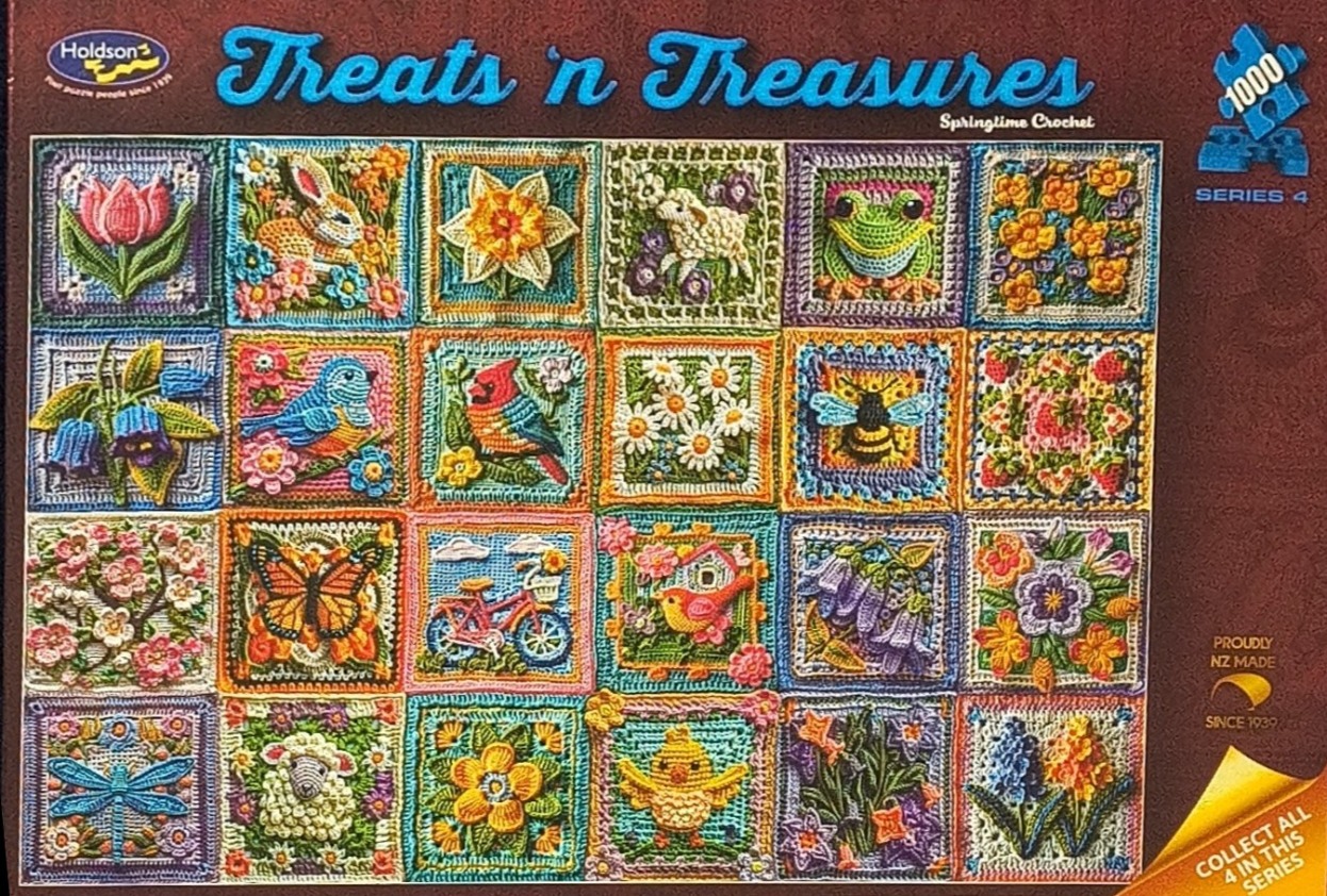 A collage of 24 colorful crochet square patches depicting springtime themes like flowers, animals, and insects.
