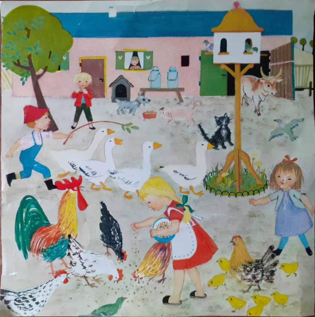 A whimsical illustration of children interacting with various farm animals in a courtyard.