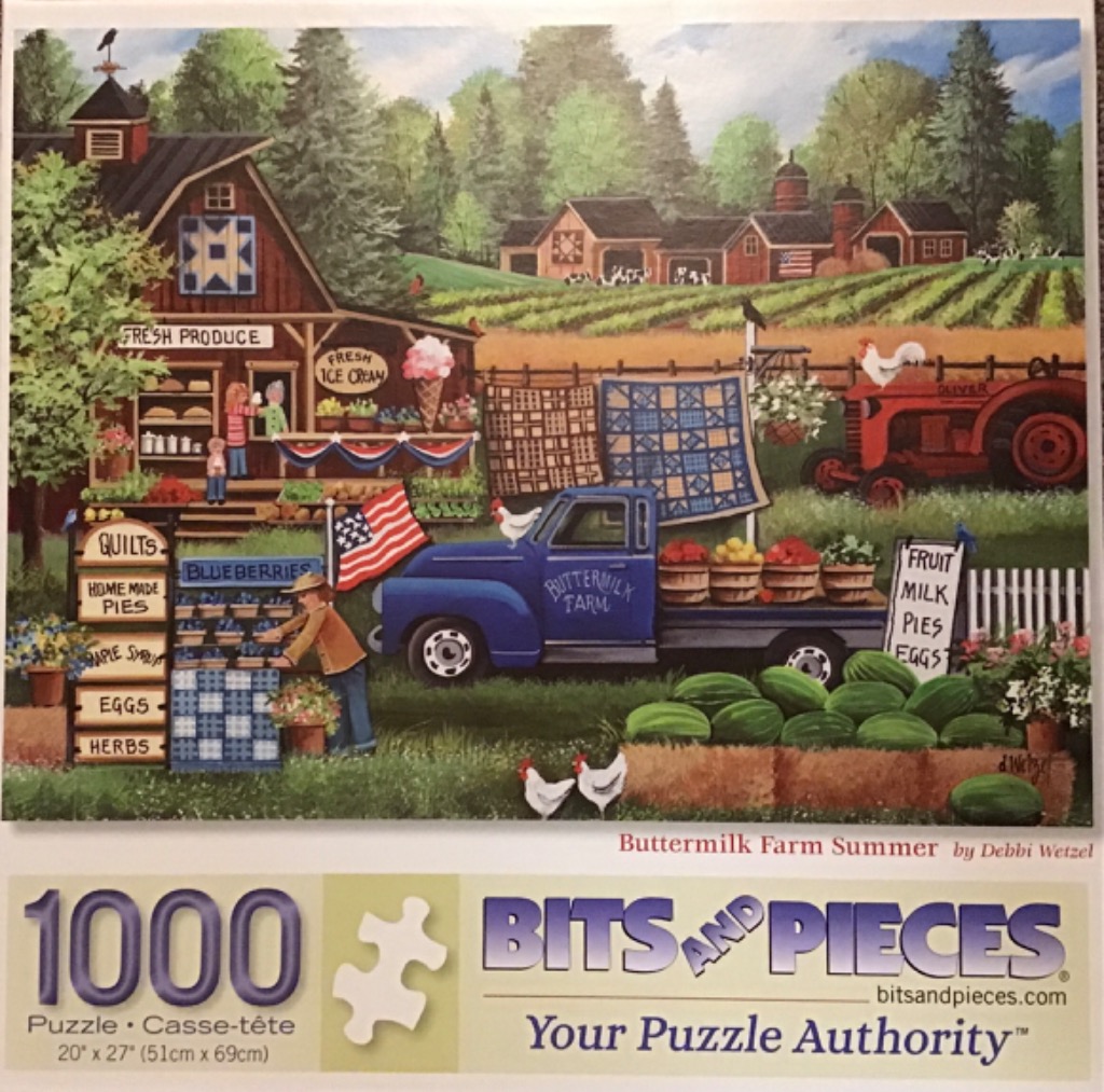 An idyllic farm scene during summer featuring a red barn, blue pickup truck, quilts, and fresh produce.