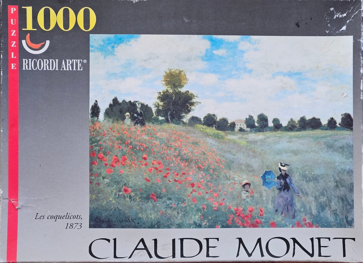 Impressionist painting of a woman and child walking through a field of wild red poppies on a sunny day.