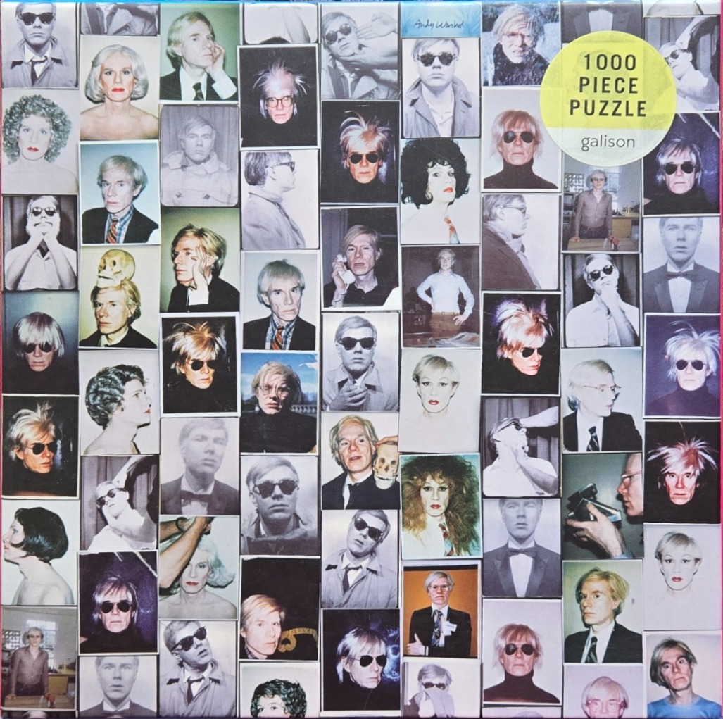 A collage of various photographic portraits of Andy Warhol in different hairstyles, poses, and settings.
