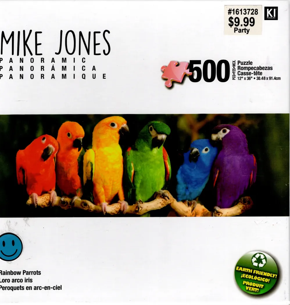 A row of six vibrant, rainbow-colored parrots perched side-by-side on a branch against a dark background.