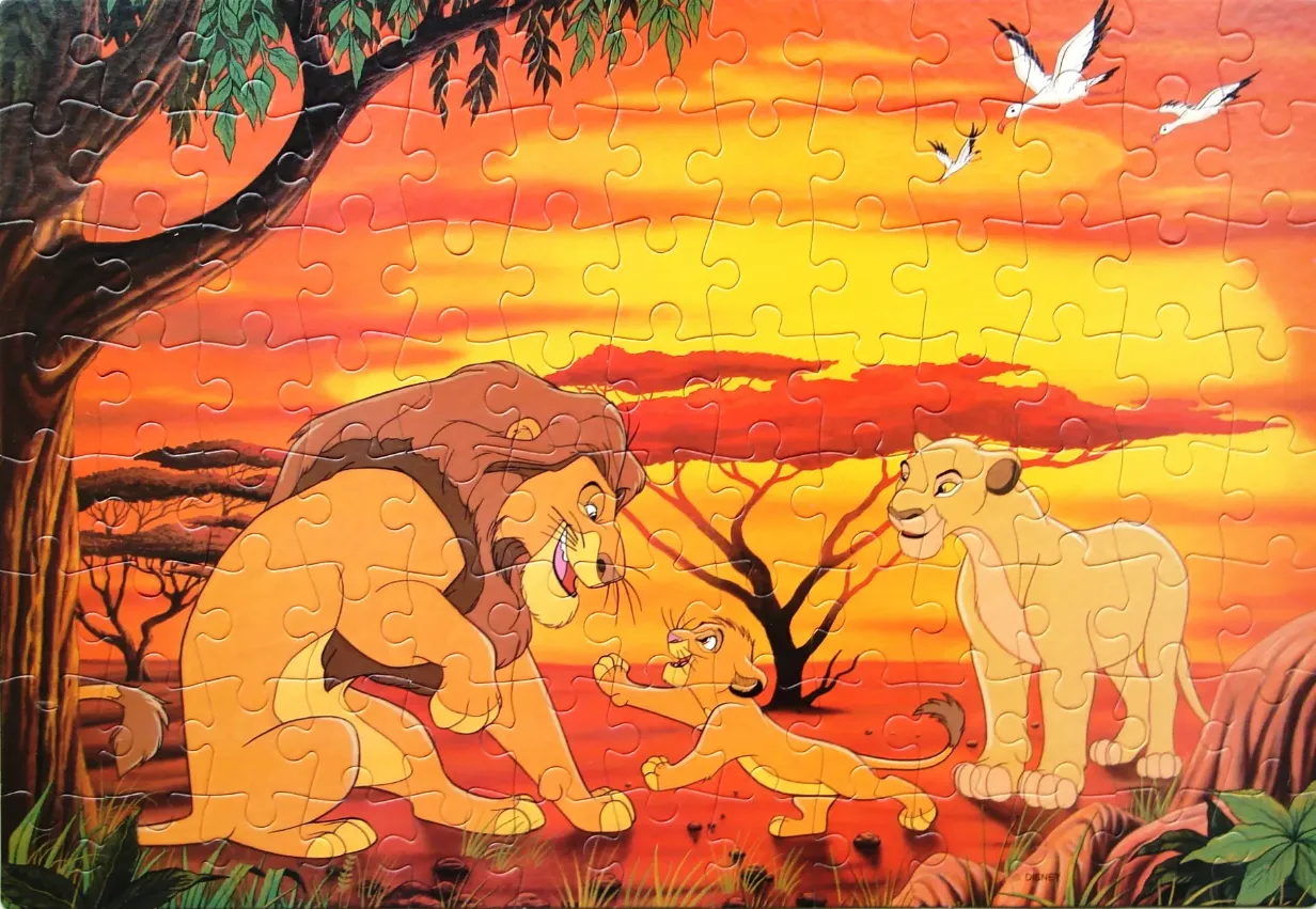 Simba, Mufasa, and Nala from The Lion King in a sunlit African savannah.