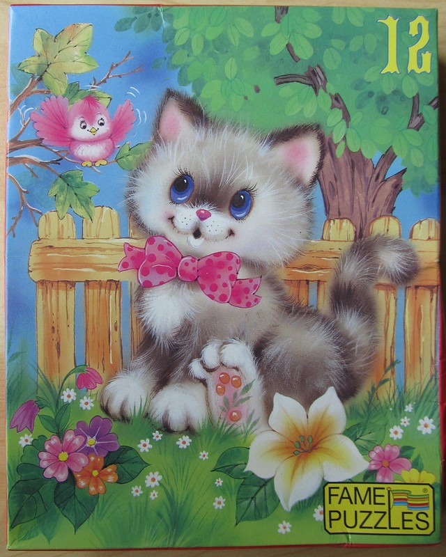 A whimsical illustration of a fluffy kitten with a pink polka-dot bow sitting in a garden with a small pink bird.