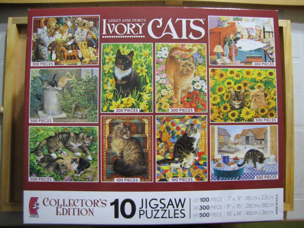 Collage of ten detailed cat illustrations, each featuring felines in various settings like gardens and cozy rooms.