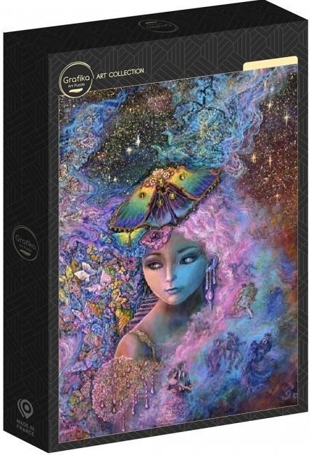 Surreal illustration of a woman with large eyes wearing a colorful butterfly headpiece against a nebula background.