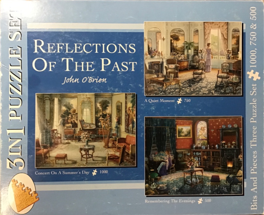 A collection of three classic interior paintings by John O'Brien depicting elegant historical rooms with solitary figures.