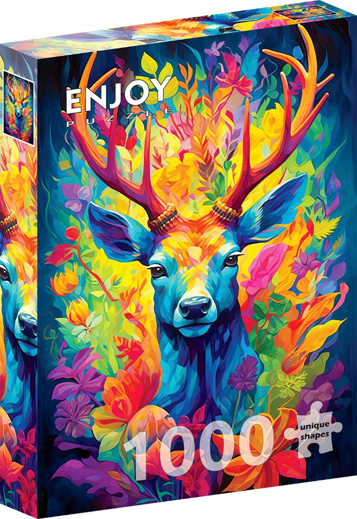 A vibrant, multicolored deer head surrounded by stylized flowers and foliage in a painterly, psychedelic art style.