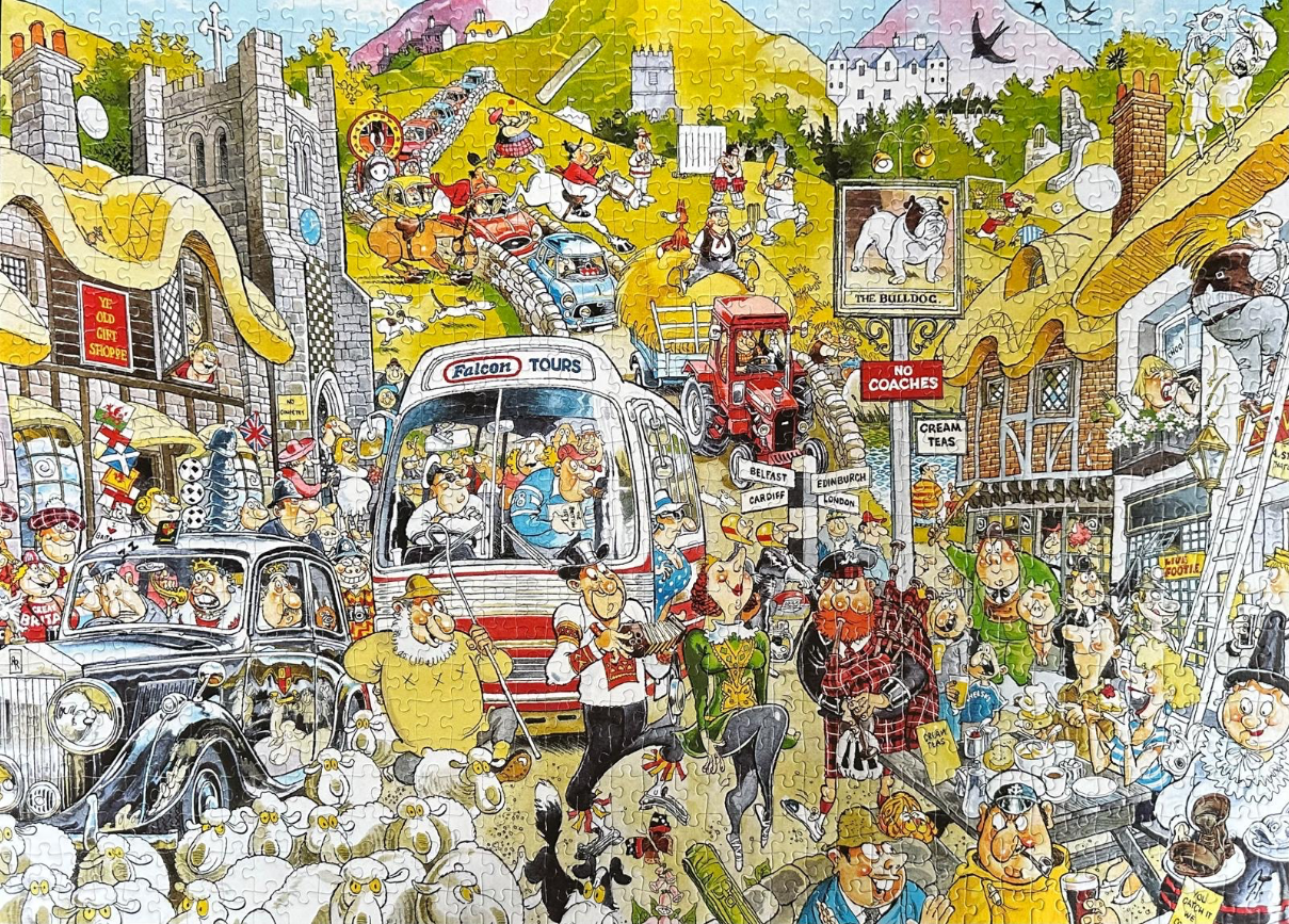A chaotic, humorous cartoon illustration of a bustling British village scene with a tour bus and many characters.