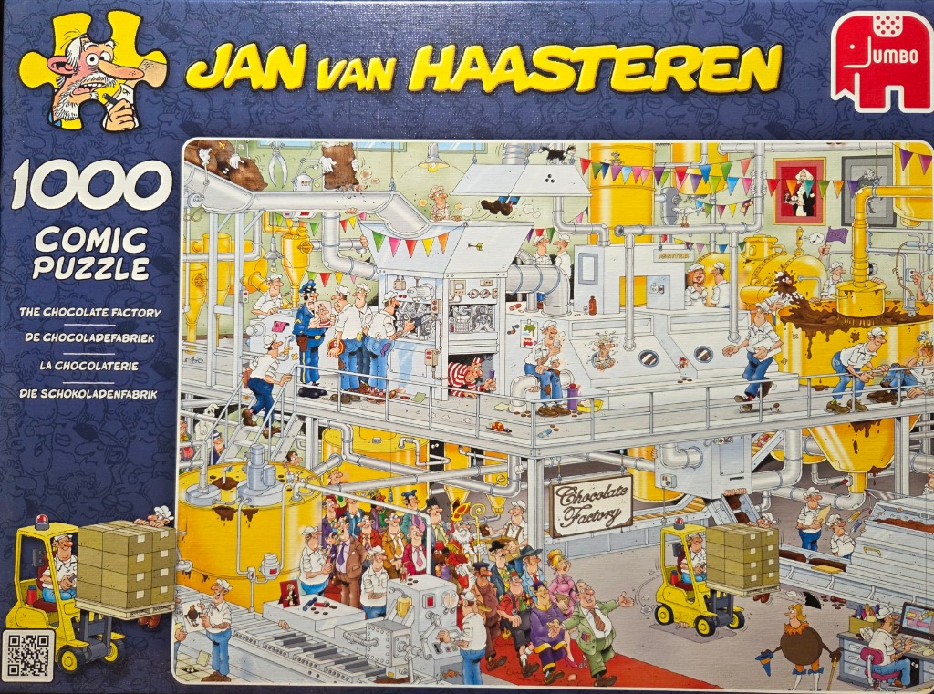 A busy, chaotic cartoon illustration of a bustling chocolate factory filled with workers and machinery.