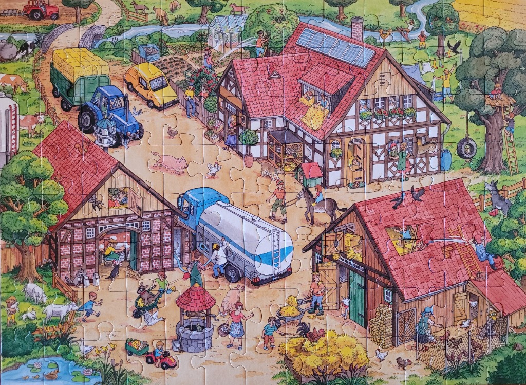 A bustling, illustrated farm scene showing people, animals, and machinery in a rural landscape.