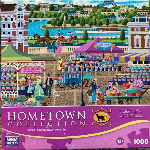 An illustration of a bustling Parisian flower market along the Seine, featuring vibrant stalls and landmark views.