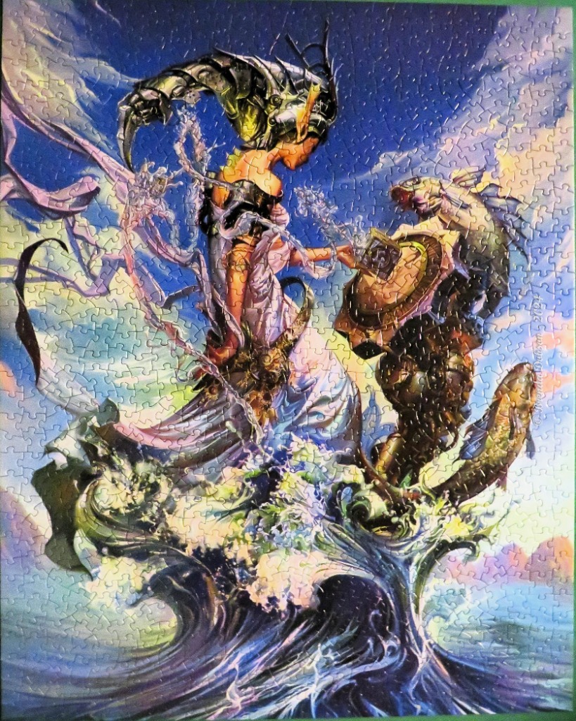A fantasy illustration of a woman in elaborate mechanical armor standing atop a crashing wave with a large fish.