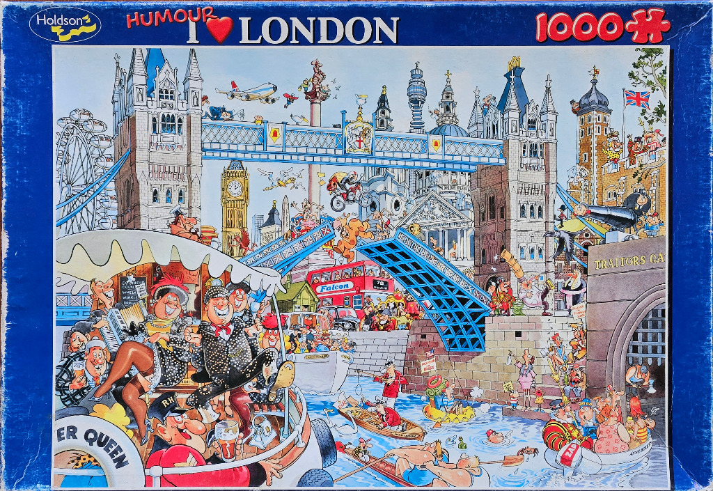 A humorous, cartoon-style illustration of London featuring Tower Bridge, a river scene, and many eccentric characters.