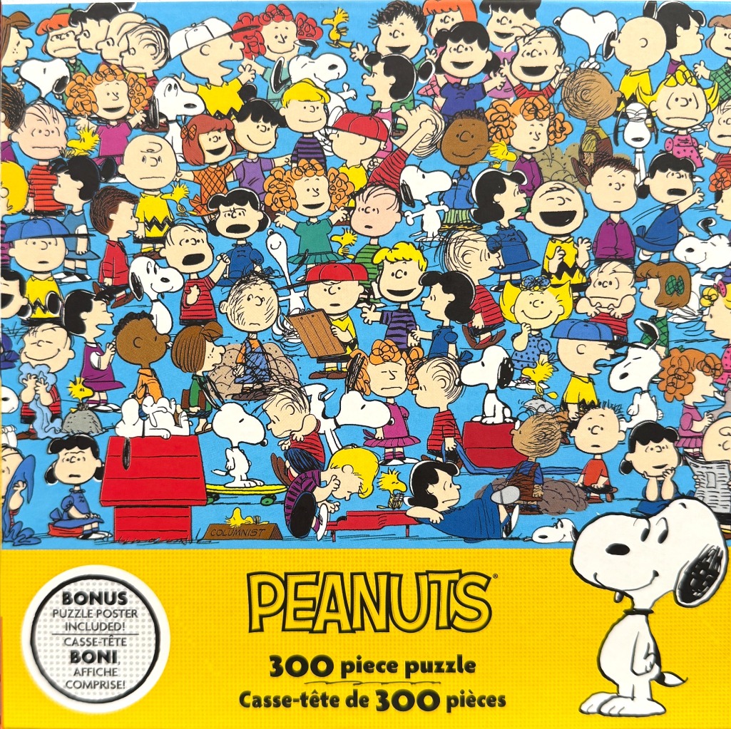 A dense illustration featuring dozens of Peanuts characters like Charlie Brown, Lucy, and Snoopy on a bright blue background.