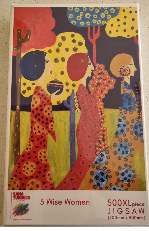 Three stylized women with elaborate patterns and hair walking in a vibrant, artistic landscape.