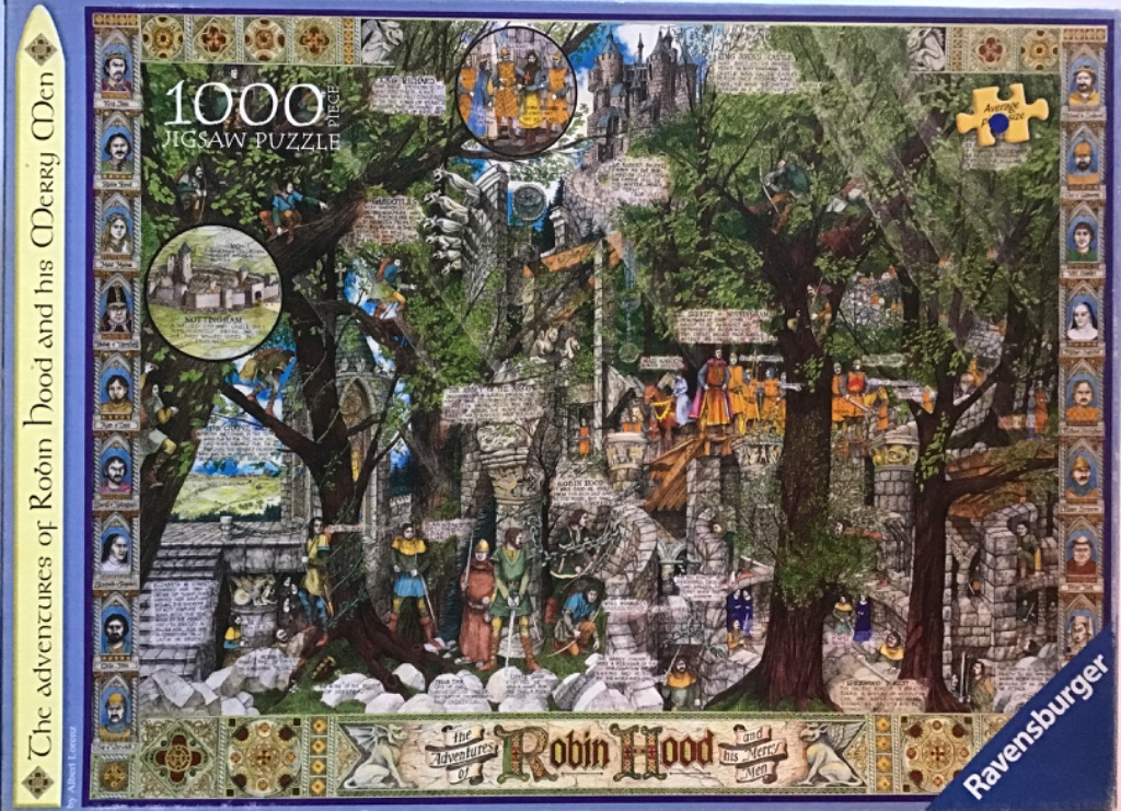 Illustration featuring Robin Hood and the Merry Men amidst Sherwood Forest and stone castles.