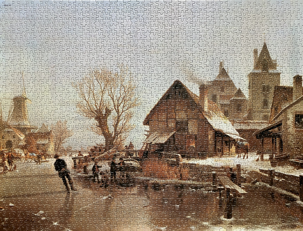 A winter village scene with people on a frozen canal, a windmill, and traditional stone buildings.