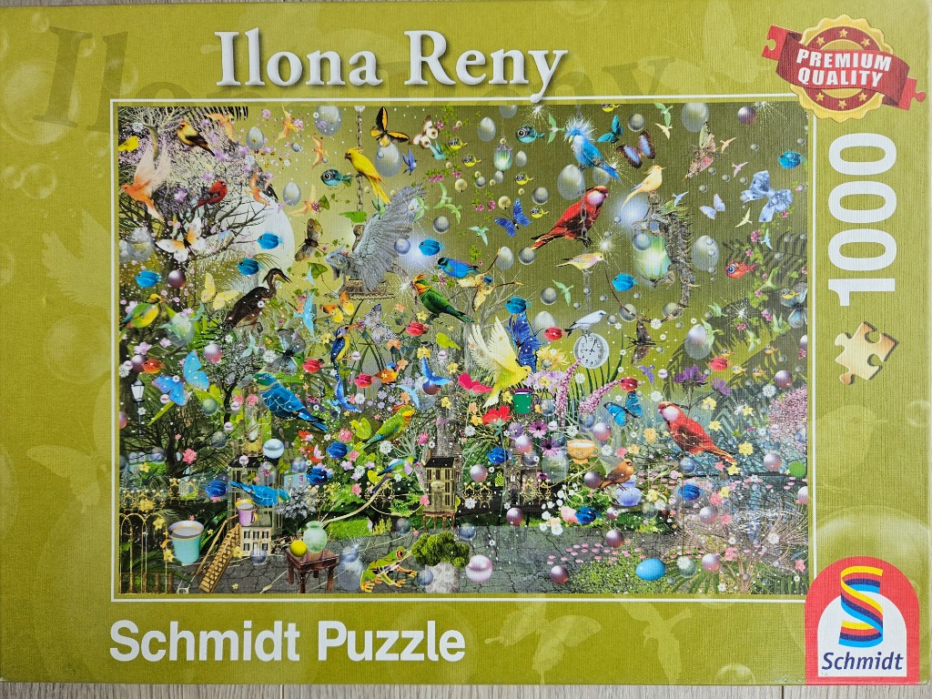 An ethereal, surrealist illustration of colorful birds, butterflies, and floating bubbles in a lush, green garden.