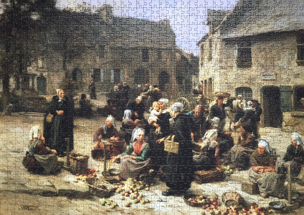 An oil painting of a busy market scene in a French village with women in white caps selling fruit.