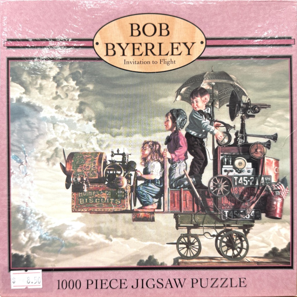 A fantasy illustration of three children operating a steampunk-style flying contraption made of found objects in the sky.