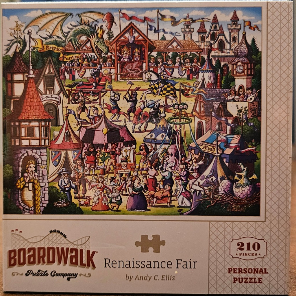 A cartoon illustration of a busy Renaissance fair with knights, jesters, and a dragon.