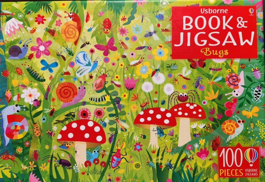 Illustrated garden scene filled with a variety of colorful cartoon bugs and mushrooms.