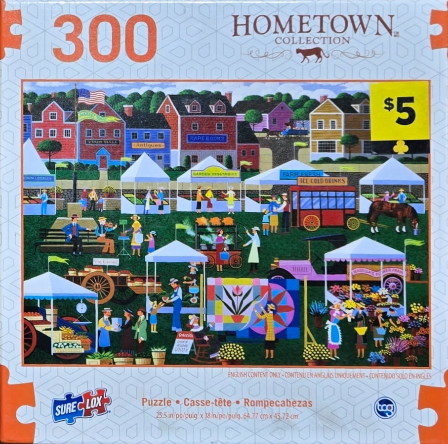 Illustration of a bustling town square farmers market with colorful stalls, people, and historic buildings.