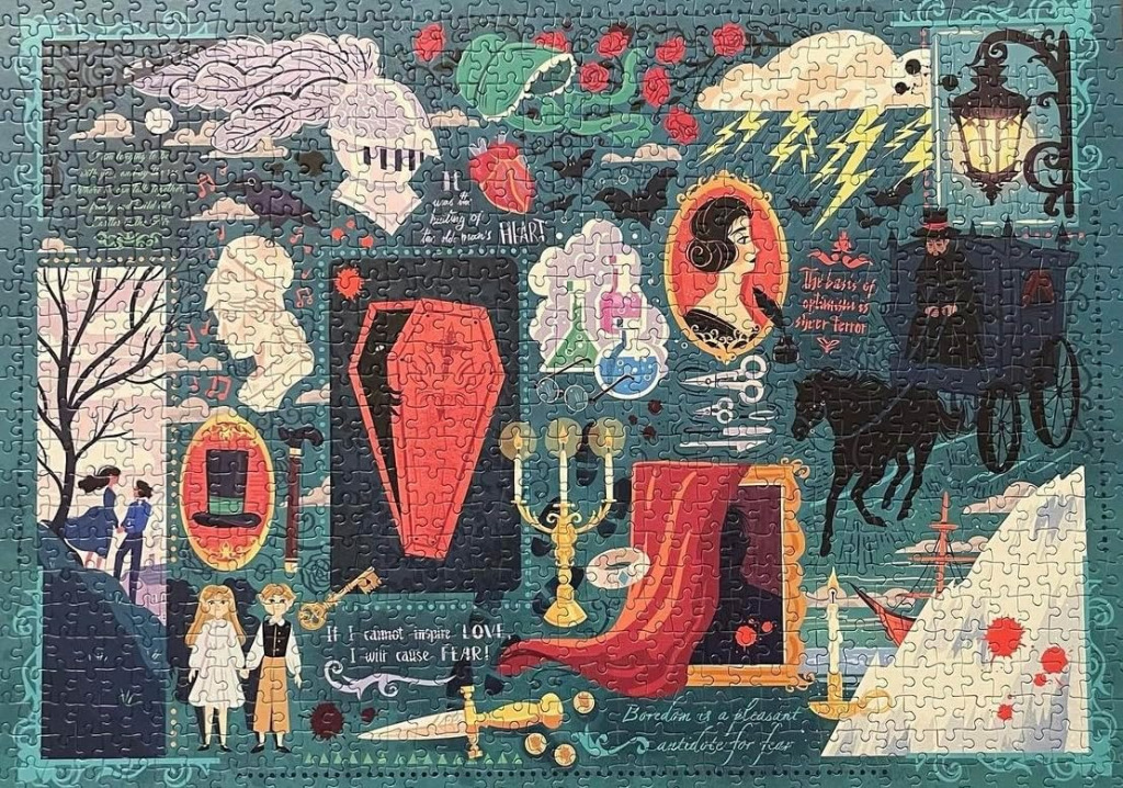 A collage of gothic literature and horror-themed illustrations featuring a coffin, carriage, and quotes on a teal background.