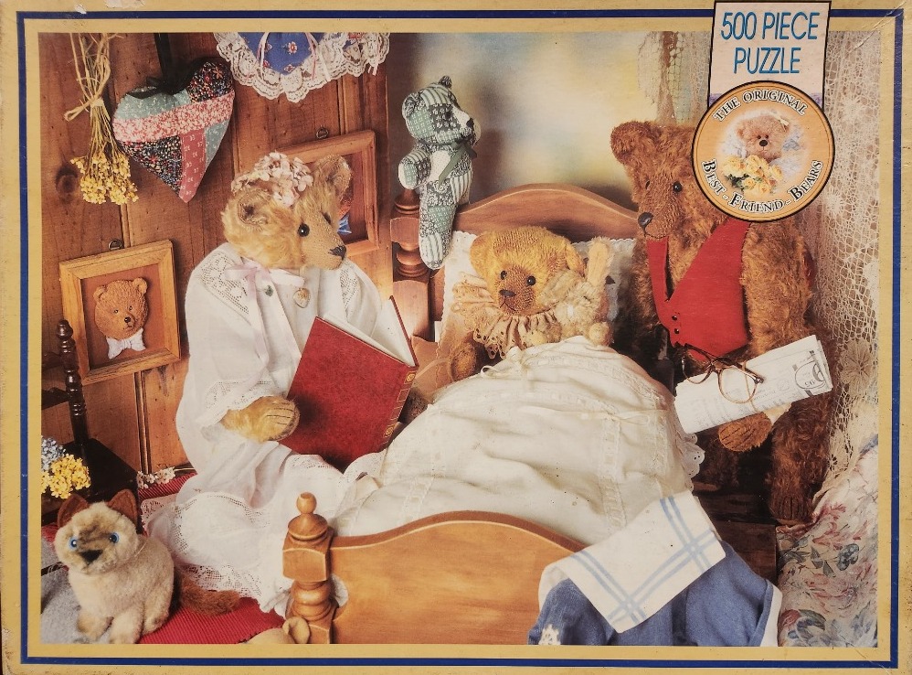 A scene of teddy bears dressed in Victorian-style clothing preparing for bed in a rustic wooden room.