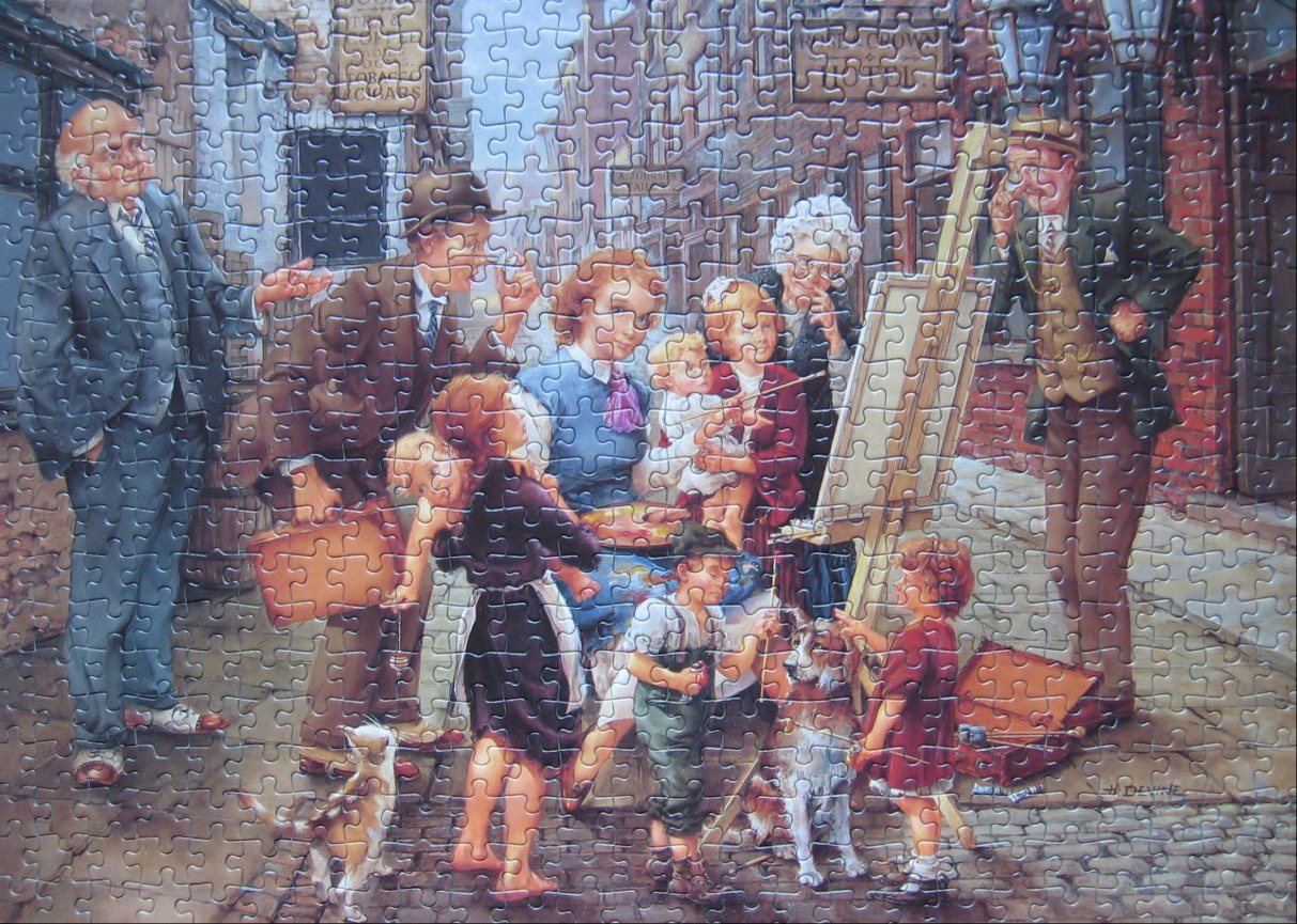 A nostalgic street scene featuring an artist painting a portrait of a family with a dog and onlookers.