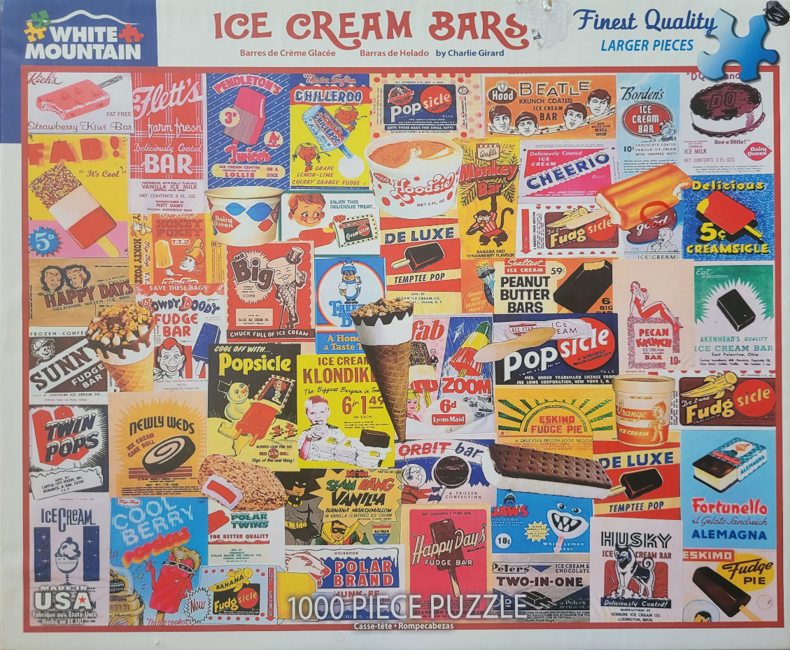 A collage of vintage ice cream bar advertisements and product wrappers.