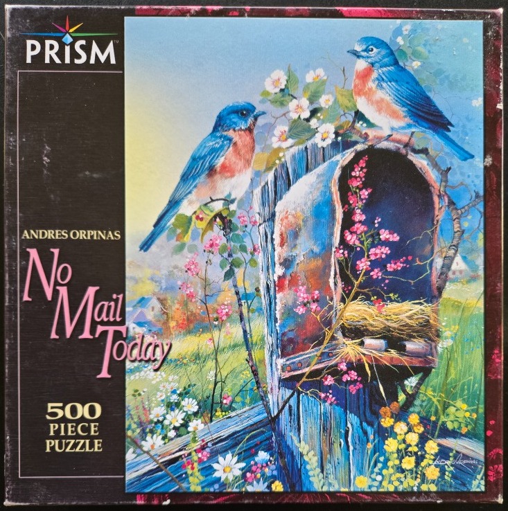 Painting of two bluebirds perched on an old, weathered wooden mailbox surrounded by spring flowers.