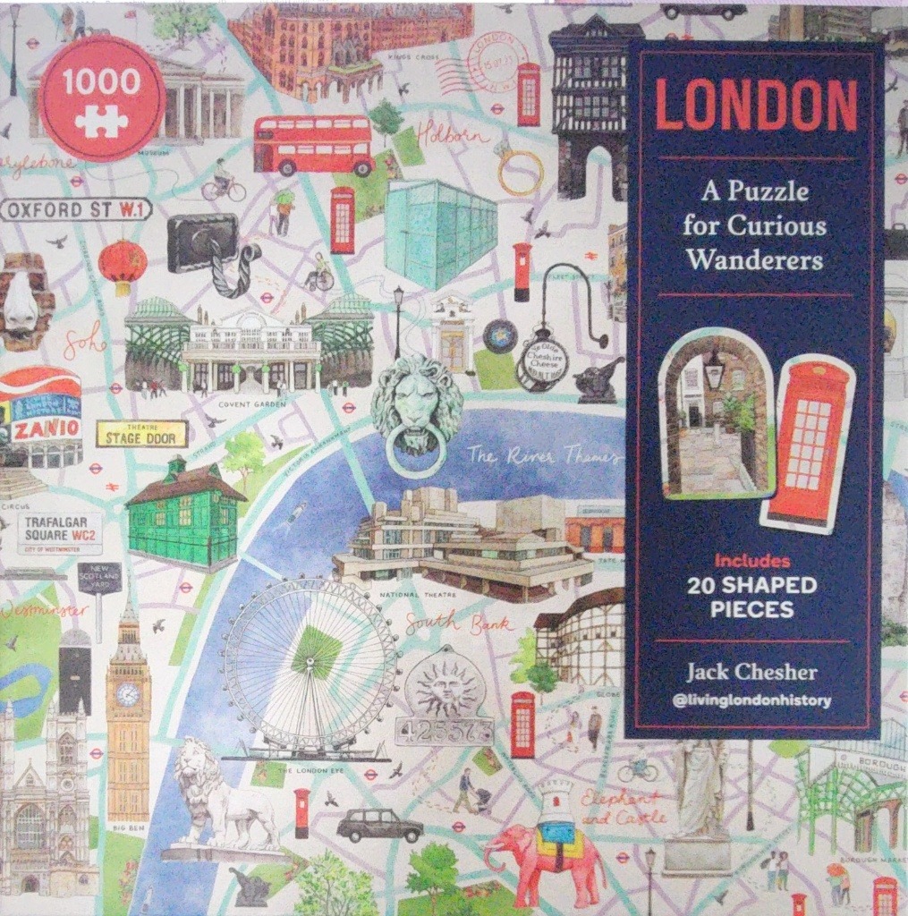 An illustrated map of London featuring iconic landmarks, red phone boxes, buses, and architectural highlights.