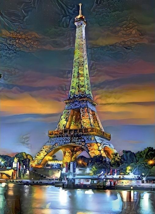 The Eiffel Tower at sunset, rendered with a painterly, textured artistic style over a riverbank.