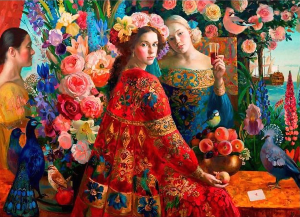 A lush, vibrant oil painting featuring three women surrounded by abundant flowers, exotic birds, and fruit.
