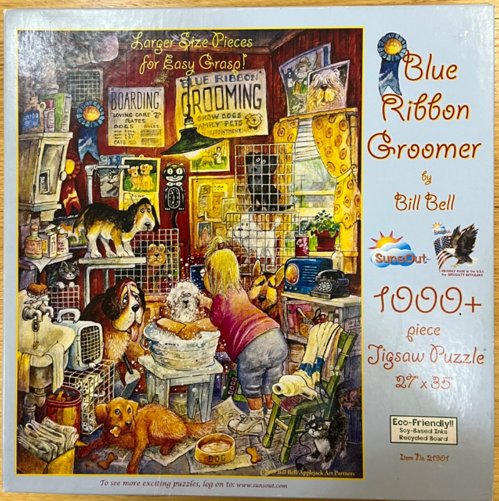 Illustration of a busy pet grooming shop filled with dogs, a cat, and a young groomer bathing a puppy.