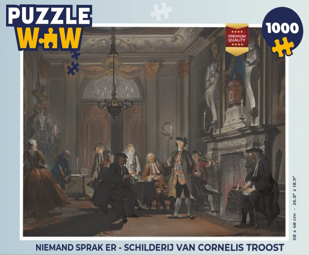 An 18th-century oil painting depicting a group of formally dressed men in a stately, dimly lit room with a fireplace.