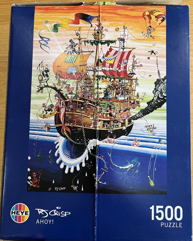 Whimsical pirate ship with a colorful, chaotic crew on a vibrant ocean.