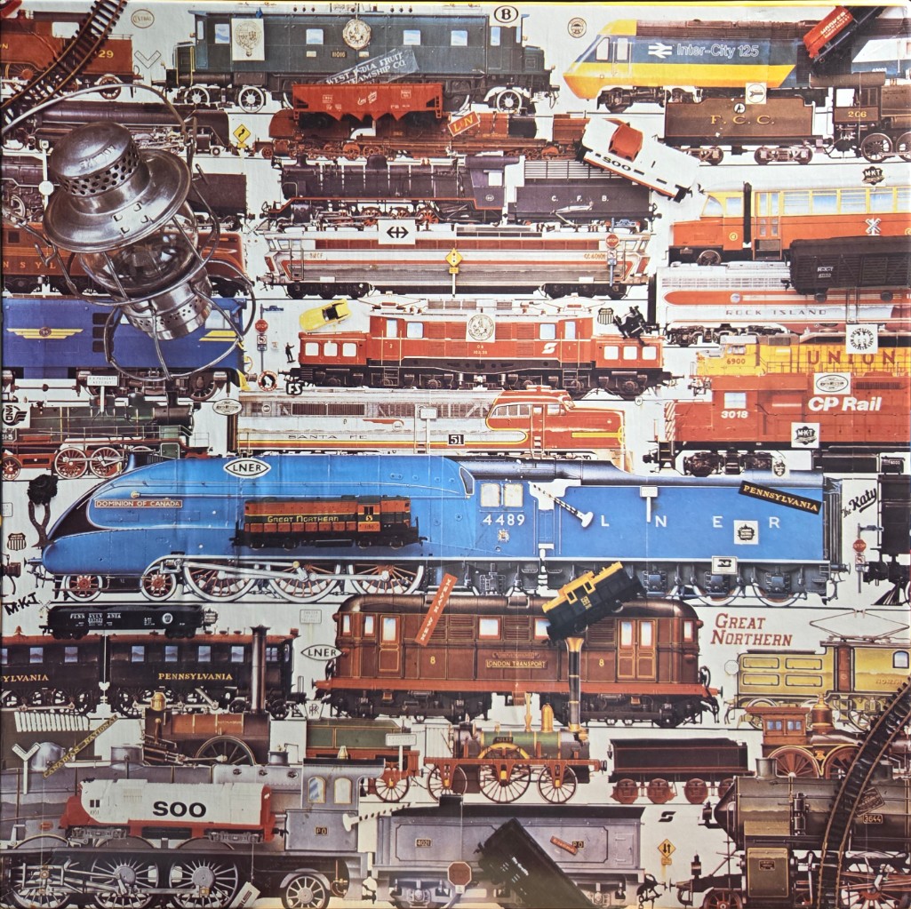 A collage of various vintage and modern trains arranged in a dense, overlapping composition.
