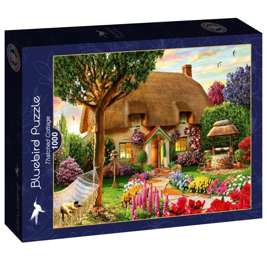 A peaceful, sunlit garden featuring a thatched-roof cottage, a stone well, and a cat napping in a hammock.