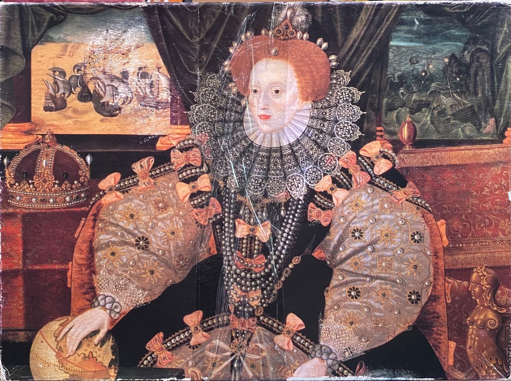 Portrait of Queen Elizabeth I, the Armada Portrait, featuring her in an elaborate gown with a globe and naval scenes.