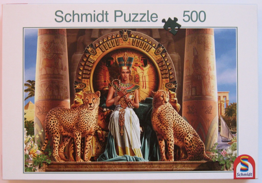 An illustration of an Egyptian queen sitting on a throne flanked by two cheetahs between stone columns.
