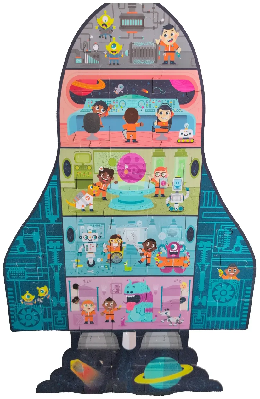A rocket-shaped illustration featuring a multi-level space station filled with diverse characters and robots.
