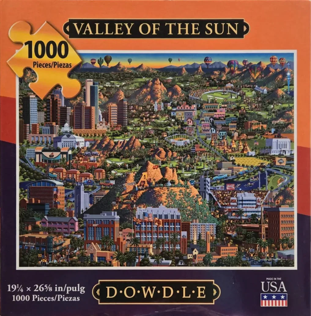 A whimsical folk-art style illustration of a desert city, Phoenix, Arizona, with hot air balloons and mountain peaks.