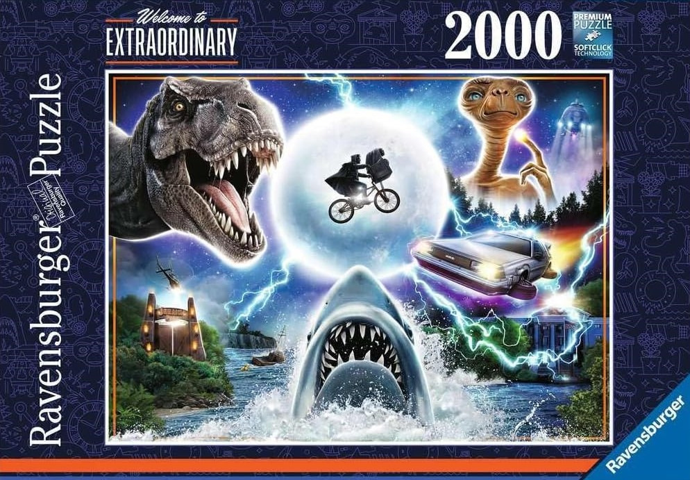 A montage of iconic cinematic elements from 1980s films, featuring a T-Rex, E.T., a DeLorean, and a great white shark.